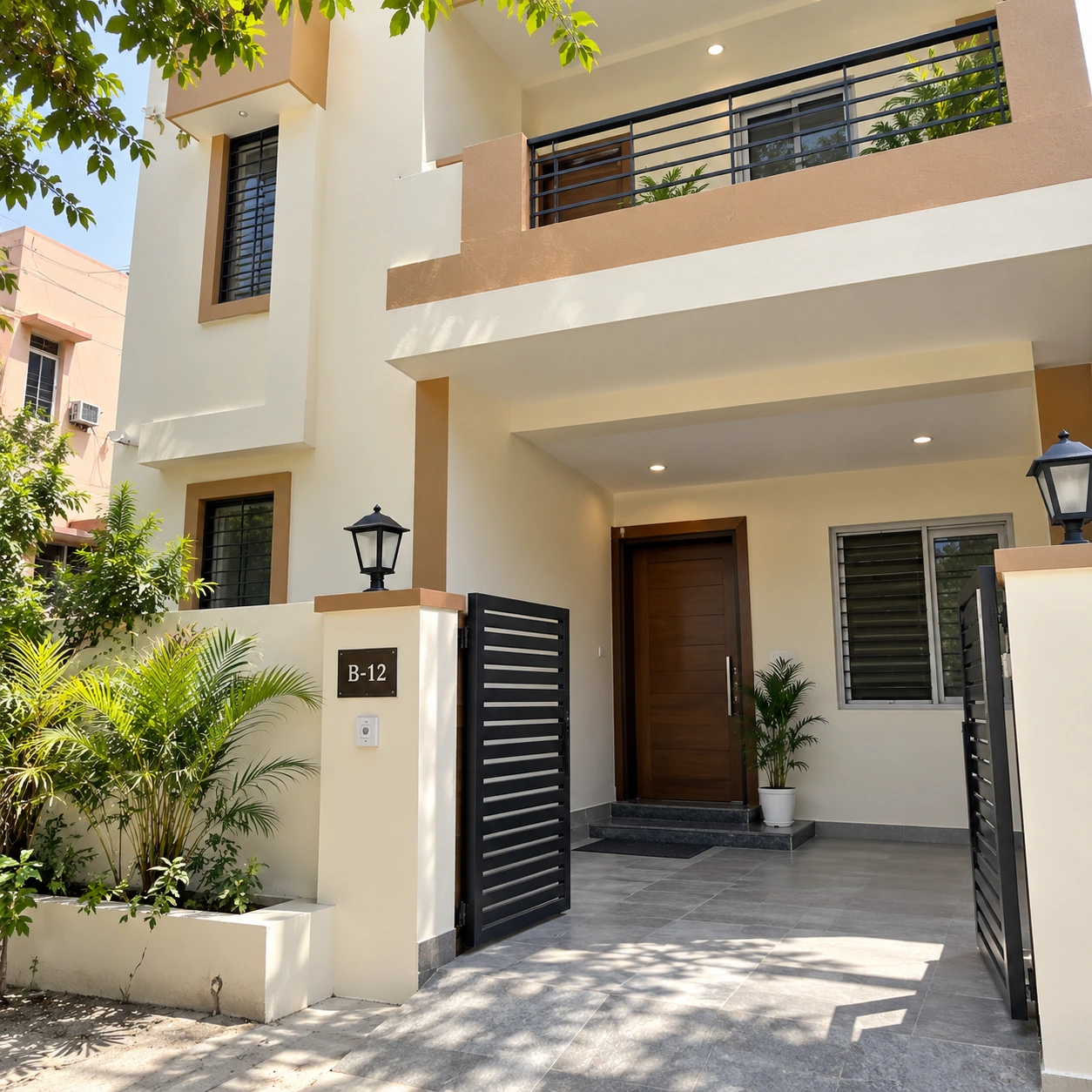Freshly painted cream and tan house exterior